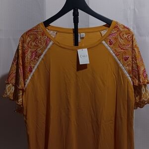 Cato Mustard Blouse with Paisley Sleeves